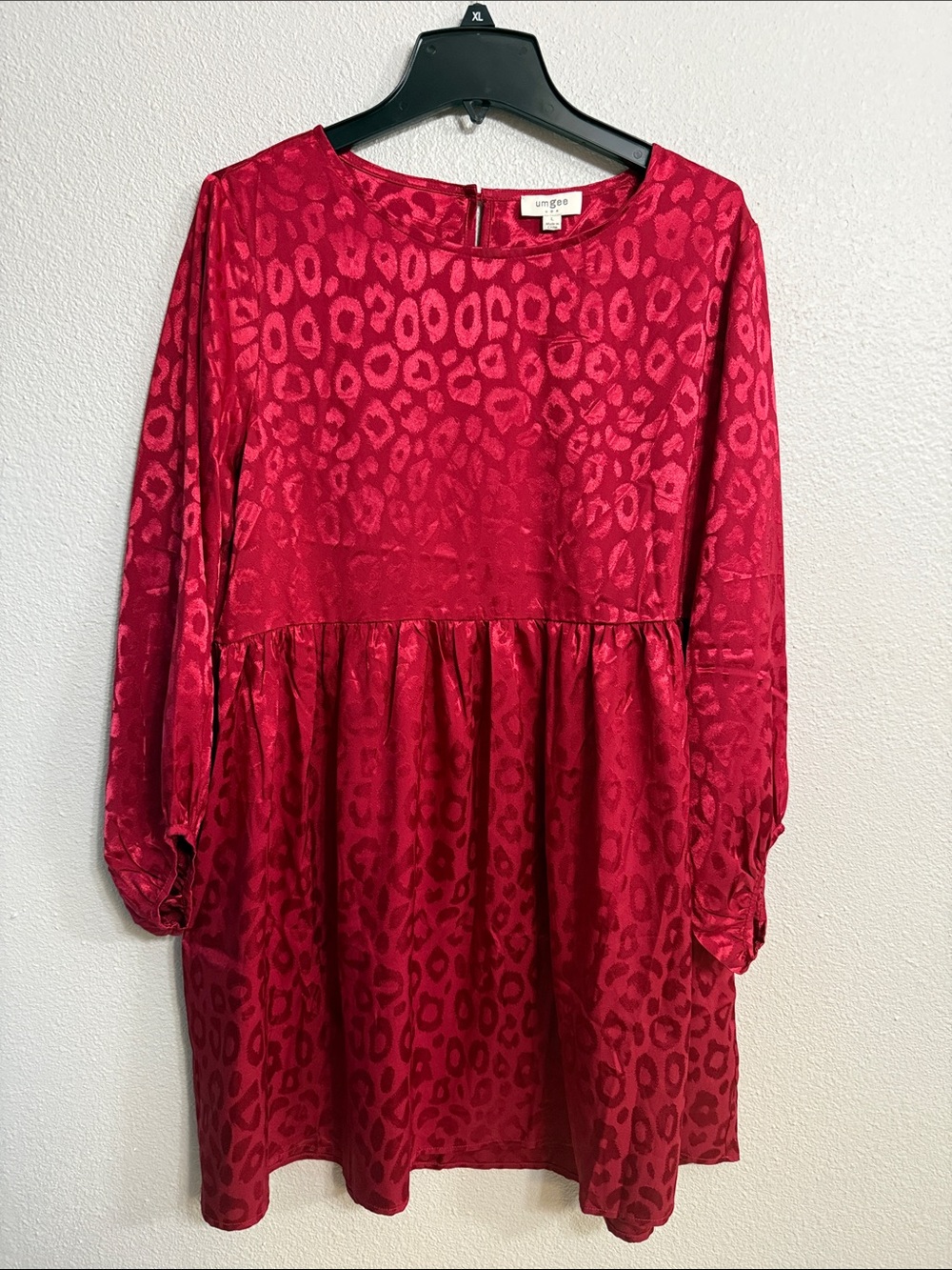 Umgee Red Leopard-Jacquard Long Sleeve Babydoll Dress